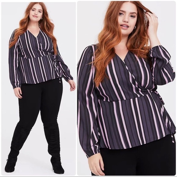 Torrid Purple Stripe Crepe Wrap Crop Blouse Top Long Sleeve Plus Size 2 2X - Picture 3 of 14